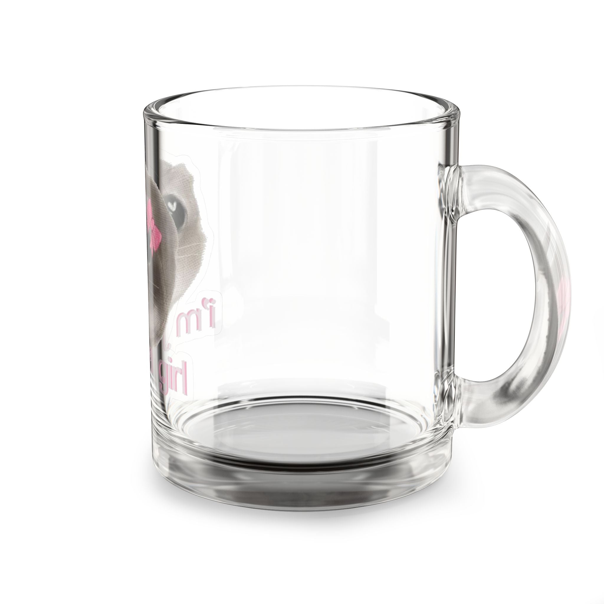 Glass Mug — Cute Sad Kitty with Pink Bow "I'm Not a Girl" (10 oz)